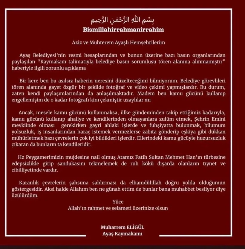 İçişleri Bakanlığı, sosyal medyadaki çıkışlarıyla tepki çeken Ayaş Kaymakamı Muharrem Eligül için müfettiş görevlendirdi. Görevden alınan Eligül, Edirne Valiliği Hukuk Müşaviri olarak görevlendirildi.